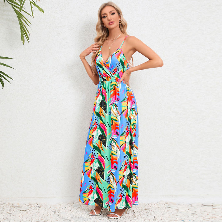 Summer Women's Vintage Paisley Print Long Dress with Spaghetti Straps and Applique Detail