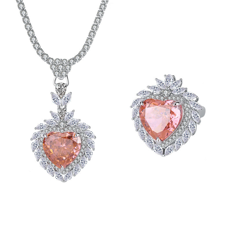Jewelry High Carbon Diamond Heart Ring Pendant Set S925 Silver