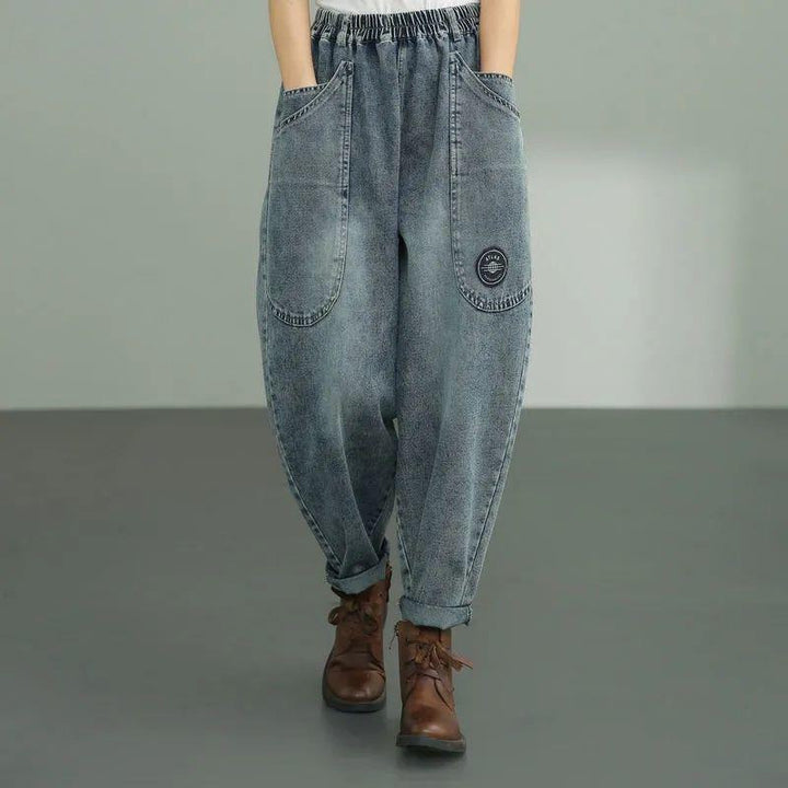 Jeans Loose Waist Trimming Patch Large Pocket Casual Trousers