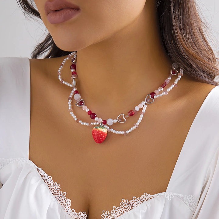 Elegant Strawberry Heart Pearl Choker Necklace