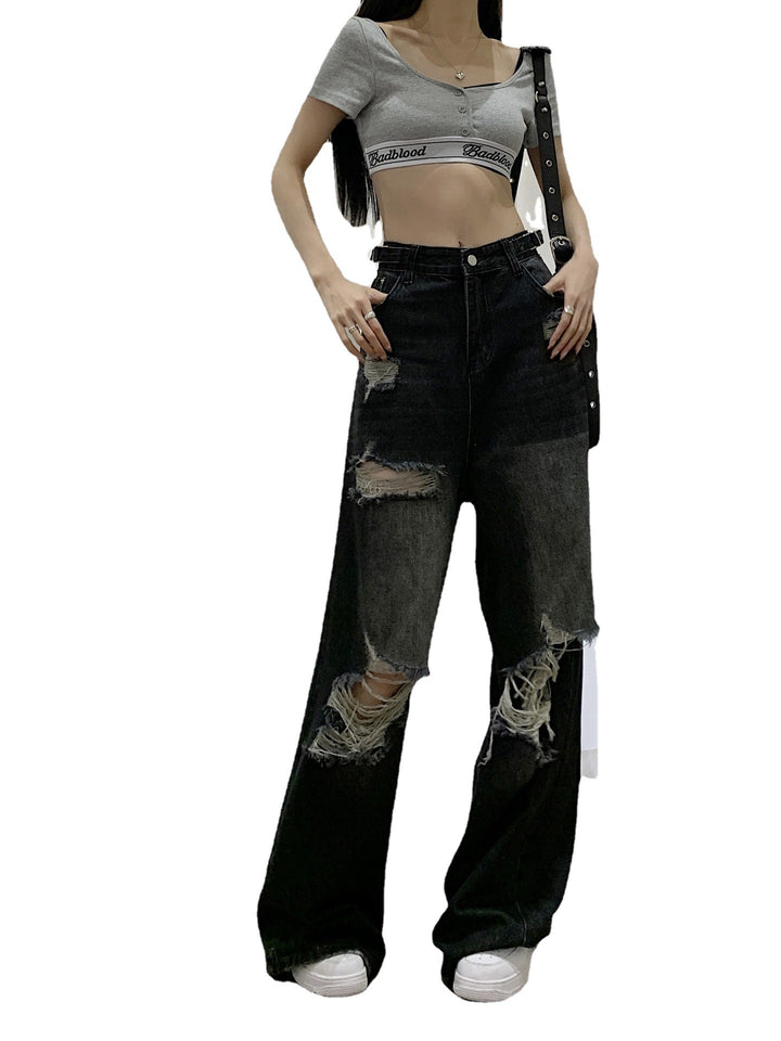 Women's American-style High Street Black Ripped Jeans