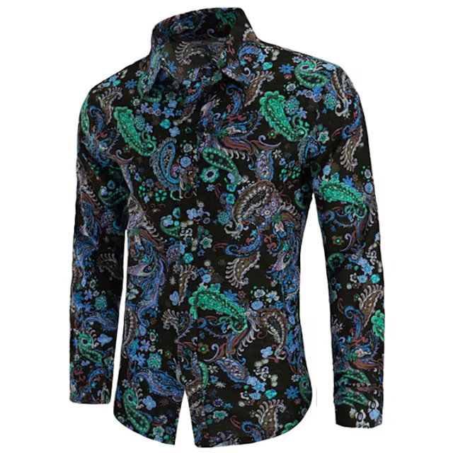 Foreign Trade Men's Fashion Long-Sleeved Shirt - Nightclub Floral Print, Slim Fit, British Style