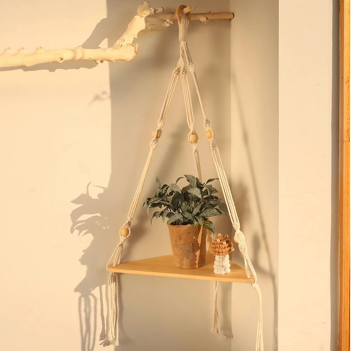 Boho Style Knitted Wooden Floating Shelves for Plants