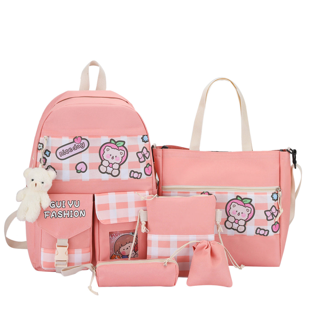 Schoolbag Women's Five-piece Set Primary School Student Texture Fashionable High School High School Large Capacity Backpack Durable