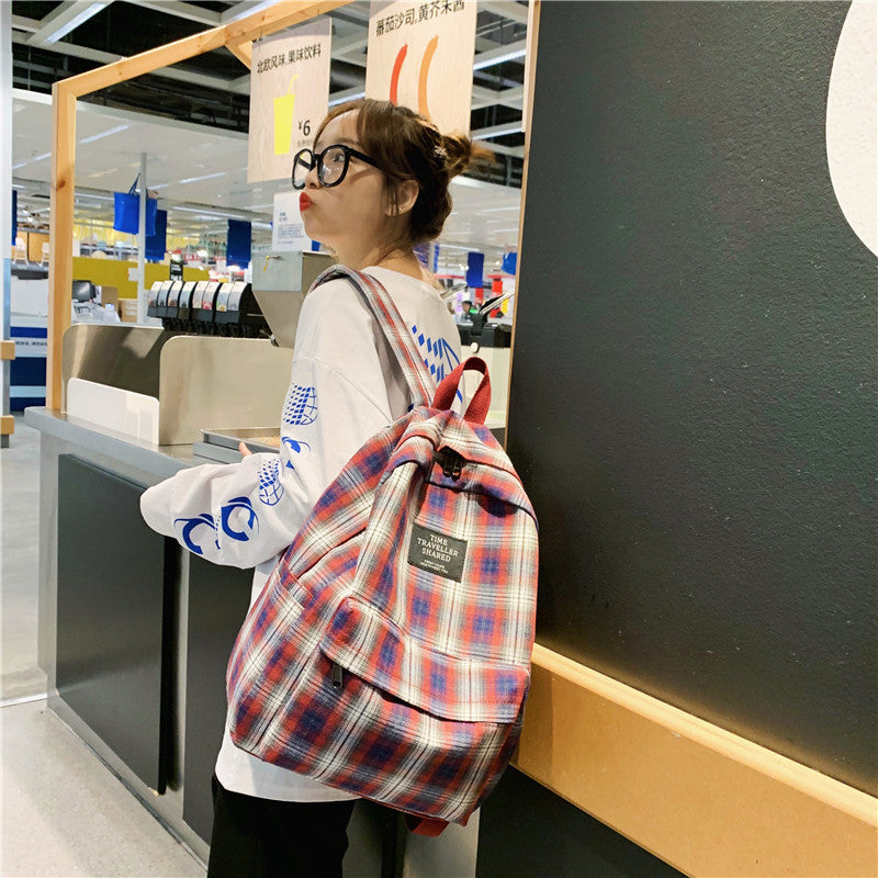Korean Style Plaid Canvas Casual Schoolbag Simple And Fashionable