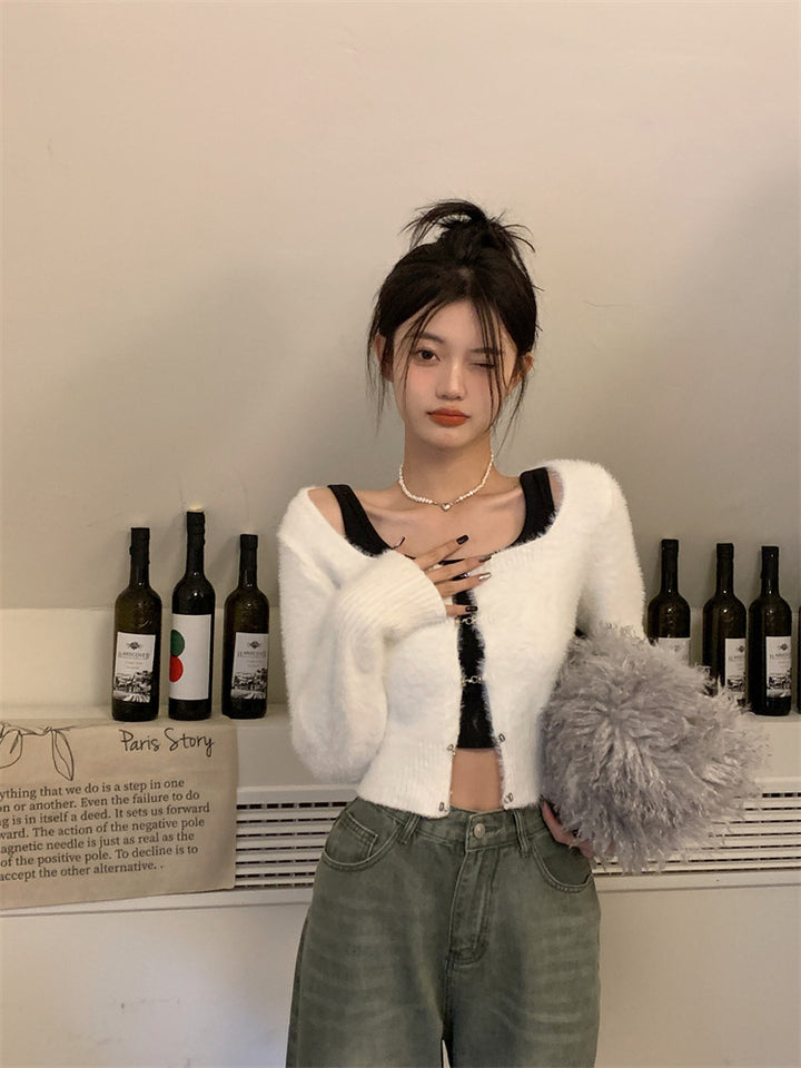 Coffee Colored Imitation Mink Velvet Knitted Cardigan For Women