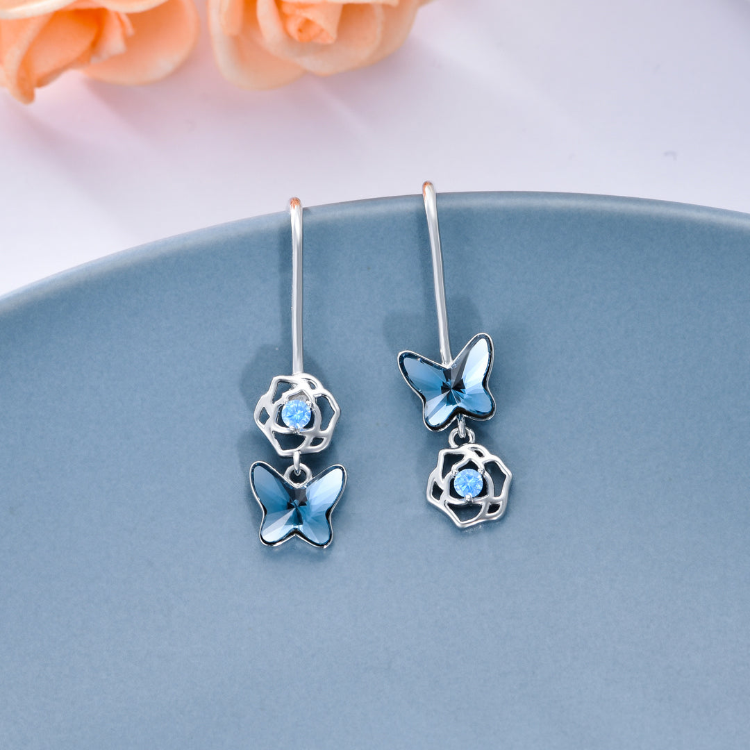 Butterfly Earrings 925 Sterling Silver Drop Earring Elegant Blue Crystal Butterflies Wings Dangle Earring Cute Flower Jewelry Birthday Gift