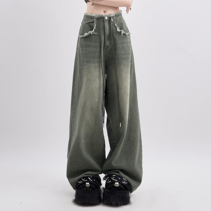Women's Summer Washed Frayed Hem Design Drawstring Leisure Jeans