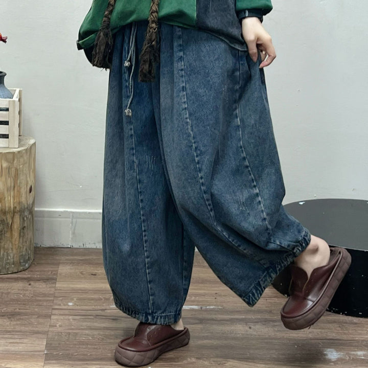 Women's Large Size Retro Denim Elastic Wide-leg Pants
