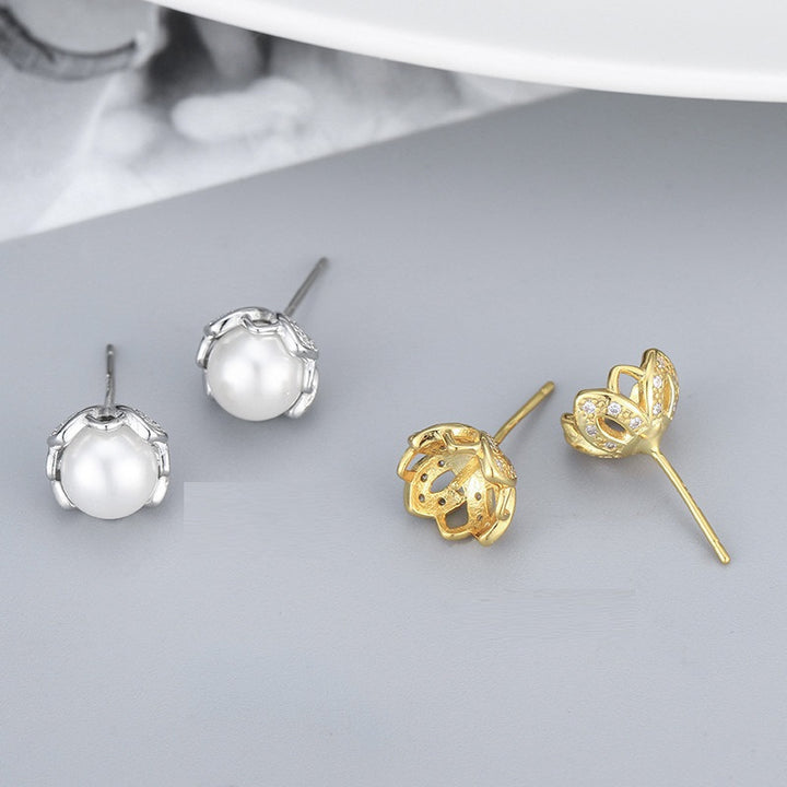 S925 Sterling Silver Simple Flower Pearl Stud Earrings New Micro Inlaid Zircon