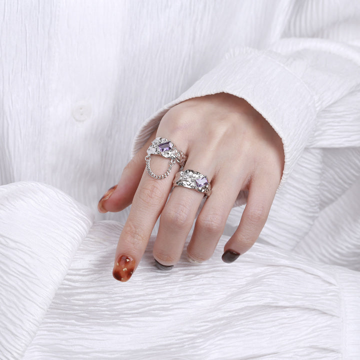 S925 Sterling Silver Korean Style Niche Texture Tin Foil Texture Square Zircon Stitching Chain Adjustable Ring