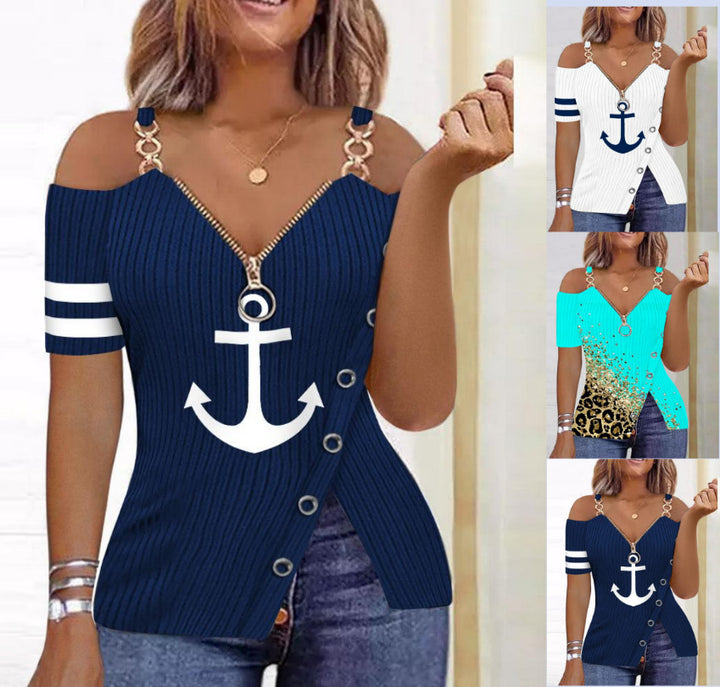 Boat Anchor Pattern Printed Zipper T-shirt