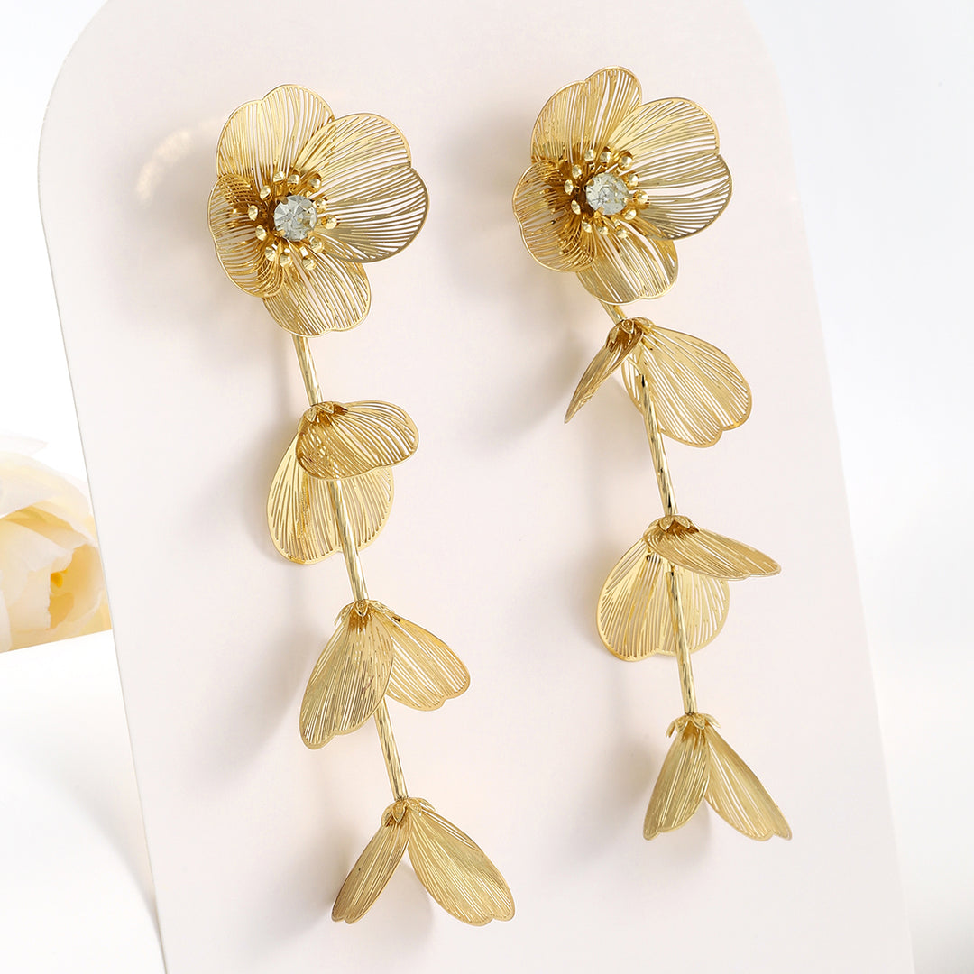 Trendy Rhinestone Flower Tassel Earrings