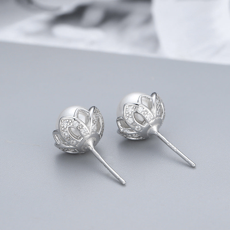 S925 Sterling Silver Simple Flower Pearl Stud Earrings New Micro Inlaid Zircon