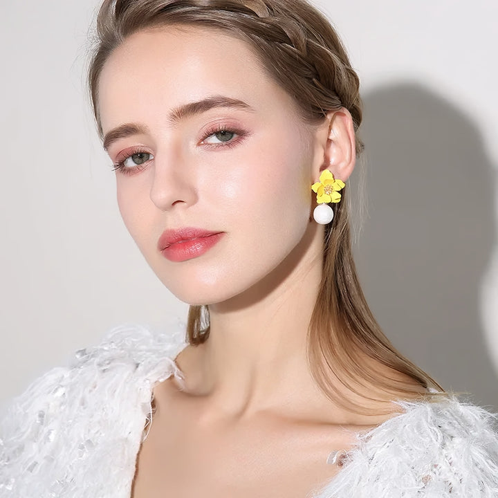 Yellow/White Flower Drop Earrings