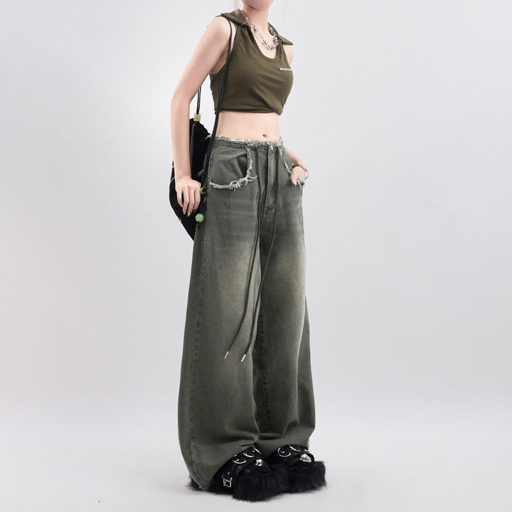 Women's Summer Washed Frayed Hem Design Drawstring Leisure Jeans