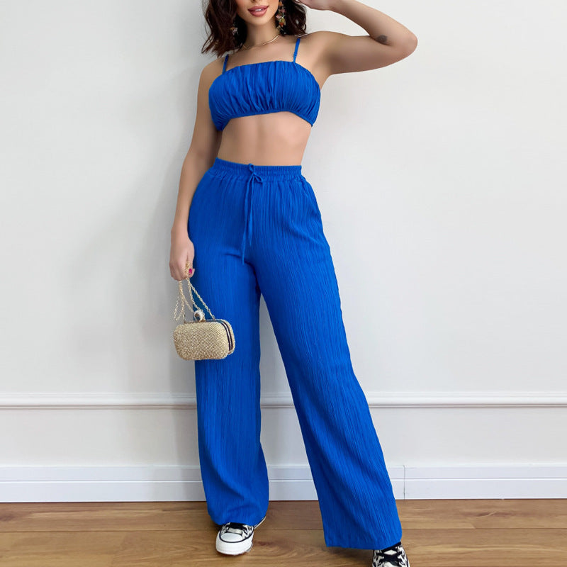 Summer Suit Solid Color Sleeveless Suspender Pleated Fabric Trousers Two-piece Set