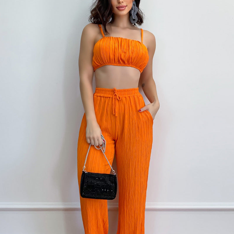 Summer Suit Solid Color Sleeveless Suspender Pleated Fabric Trousers Two-piece Set