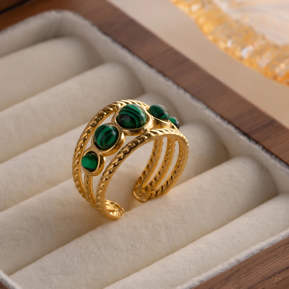 Waterproof Gold Plated Stainless Steel Malachite Ring