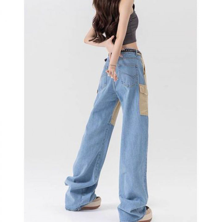 American Hot Girl Contrast Color Wide Leg Jeans Women
