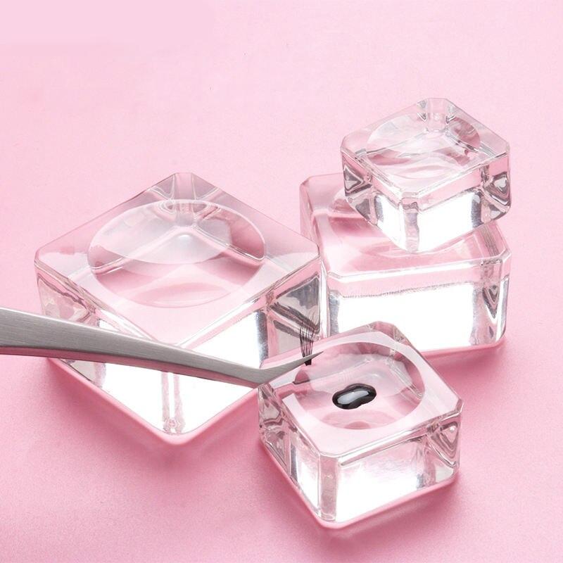 Square Crystal Glass Eyelash Glue Holder - Adhesive Pallet Stand for Makeup