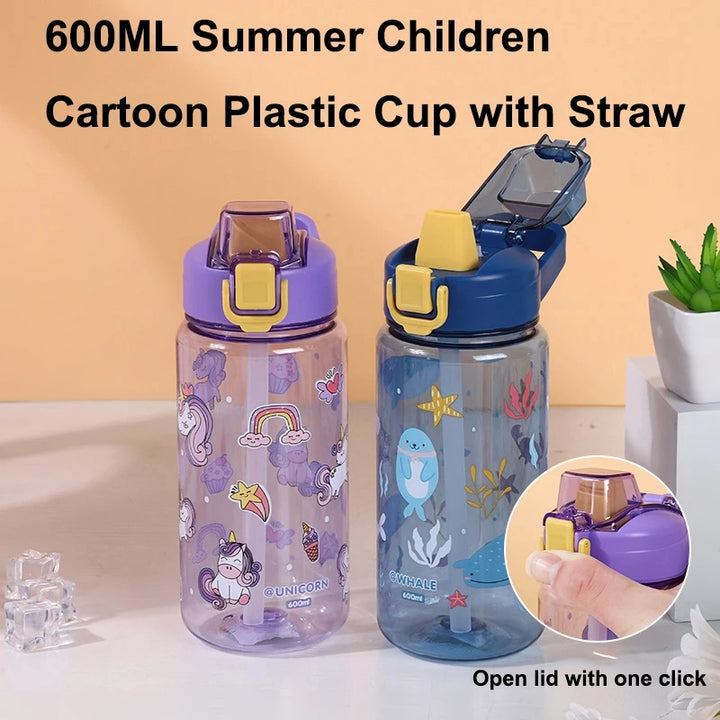 600ml Cartoon Sippy Cup with Straw & Spill-Proof Lid for Toddlers