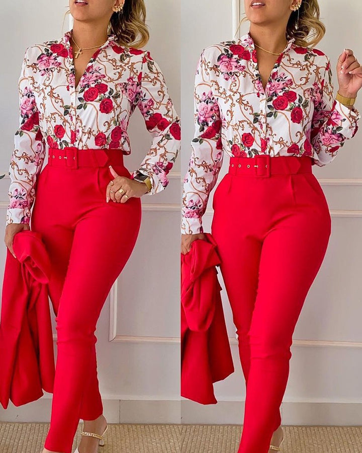 Women's Fashionable Printed Long-sleeved Shirt And Trousers Suit