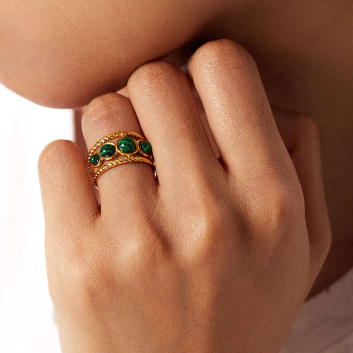 Waterproof Gold Plated Stainless Steel Malachite Ring