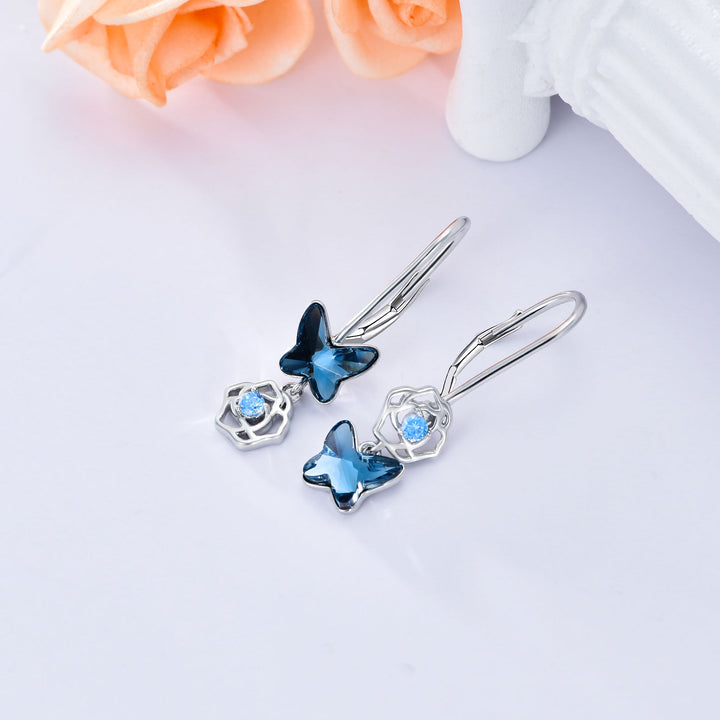 Butterfly Earrings 925 Sterling Silver Drop Earring Elegant Blue Crystal Butterflies Wings Dangle Earring Cute Flower Jewelry Birthday Gift