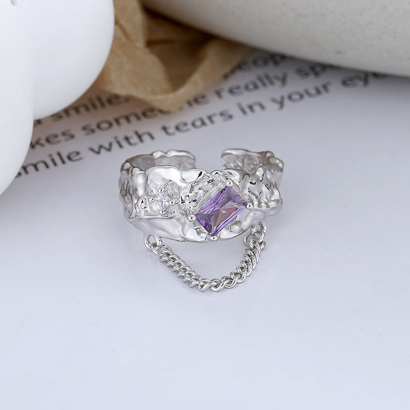 S925 Sterling Silver Korean Style Niche Texture Tin Foil Texture Square Zircon Stitching Chain Adjustable Ring