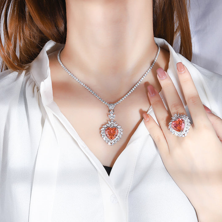 Jewelry High Carbon Diamond Heart Ring Pendant Set S925 Silver