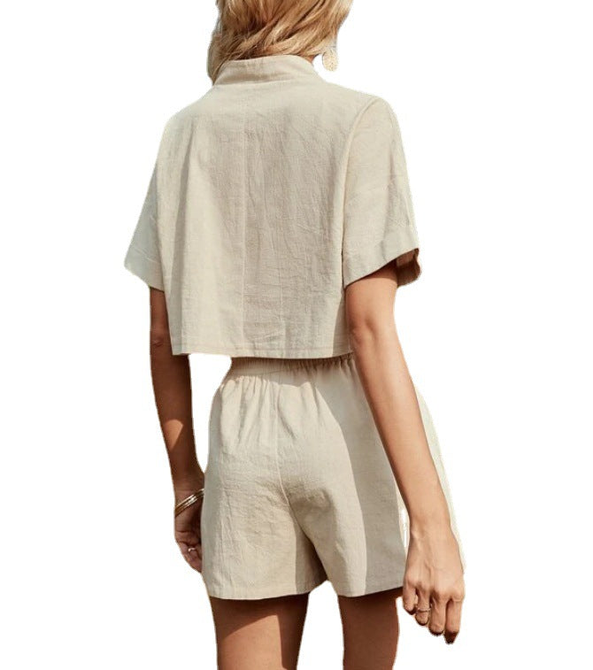 V-neck Solid Color Off-shoulder Top And Patch Pocket Shorts Fashion Casual Set