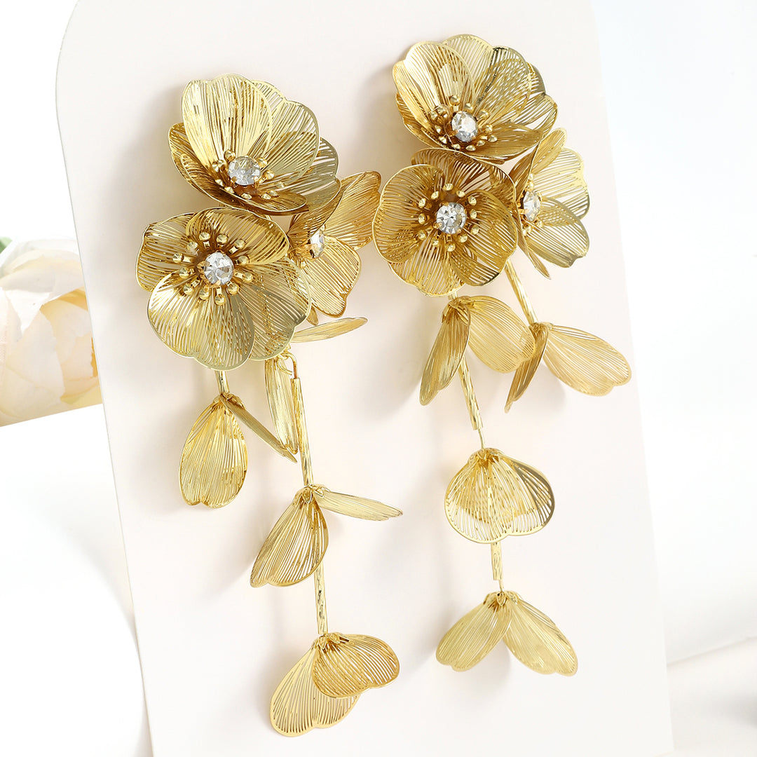 Trendy Rhinestone Flower Tassel Earrings