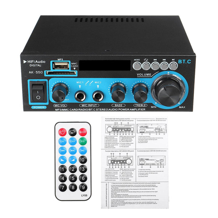 AK-550 bluetooth Audio Stereo Mini Digital Amplifier USB FM SD Mic Home Theater Car AC 220V DC 12V Mini AMP - MRSLM
