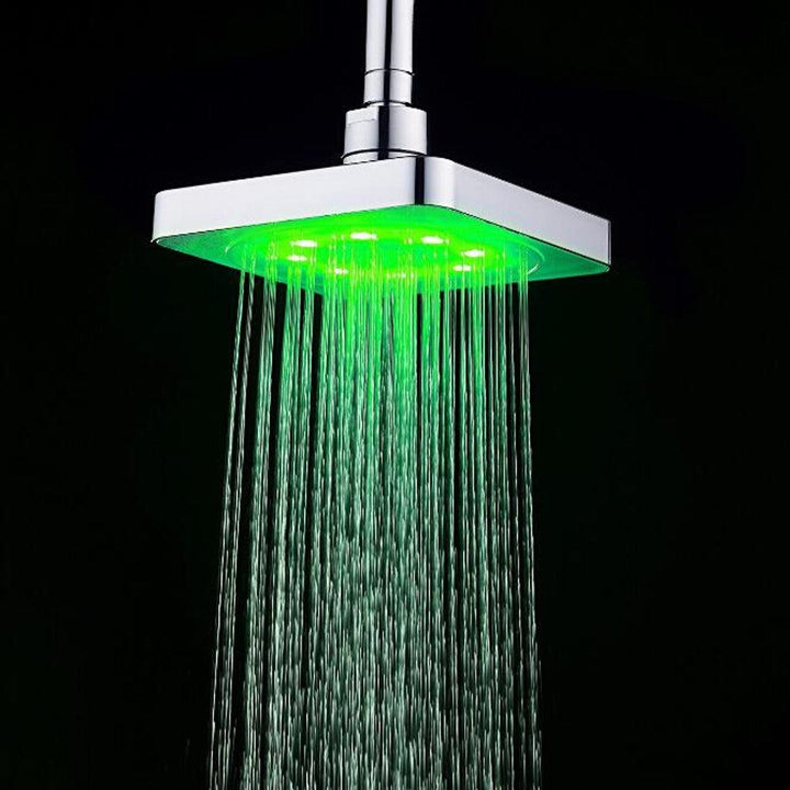 360° Adjustable 6 Inch LED Light Square Rain Shower Head Stainless Steel 3 Color Changing Temperature Control Bathroom Showerhead - MRSLM