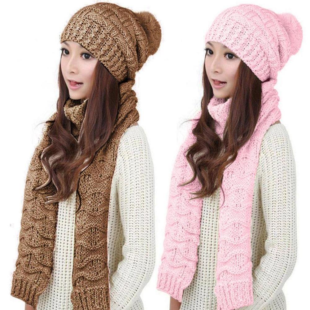 Fashion Women Winter Warm Cotton Neck Warm Wrap Scarf Shawl Beanie Hat Set Gift - MRSLM