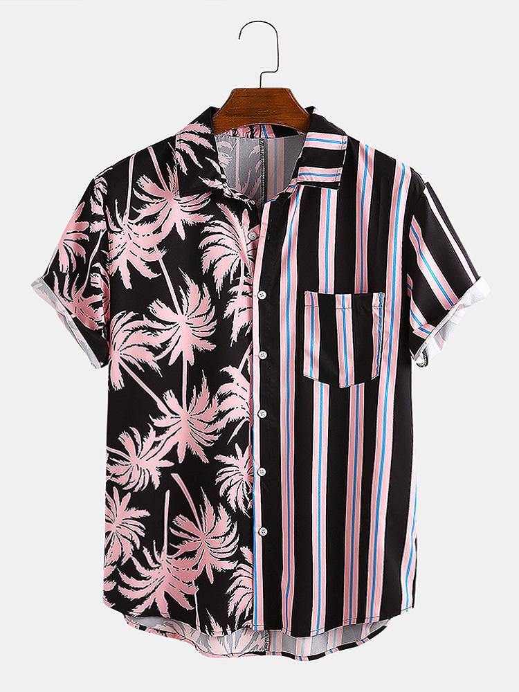 Men Coconut Tree Colorful Stripe Mixed Print Short Sleeve Casual Holiday Shirts - MRSLM