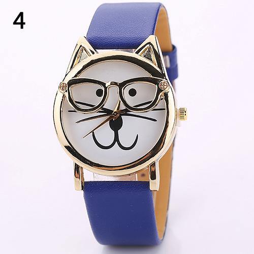 Unisex Fashion Faux Leather Band Cute Glasses Cat Case Analog Quartz Wrist Watch - MRSLM