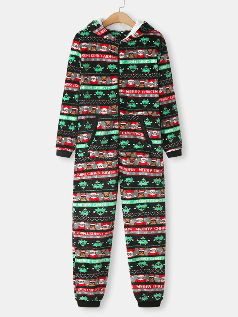 Women Christmas Flannel Printed Zip Ear Detail Long Sleeve Onesies Hooded Pajamas - MRSLM