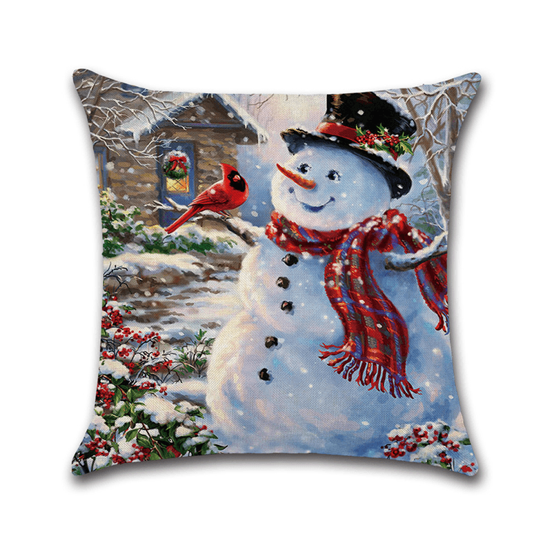 Christmas Snowman Printing Cotton Linen Cushion Cover Home Decorative Pillow Case - MRSLM