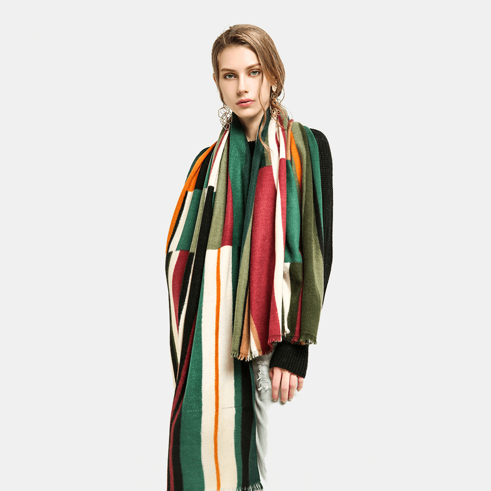 Women Colorful Striped Warmth Neck Protection Shawl Dual-Use Cool-Protection Windproof Long Tassel Scarf - MRSLM