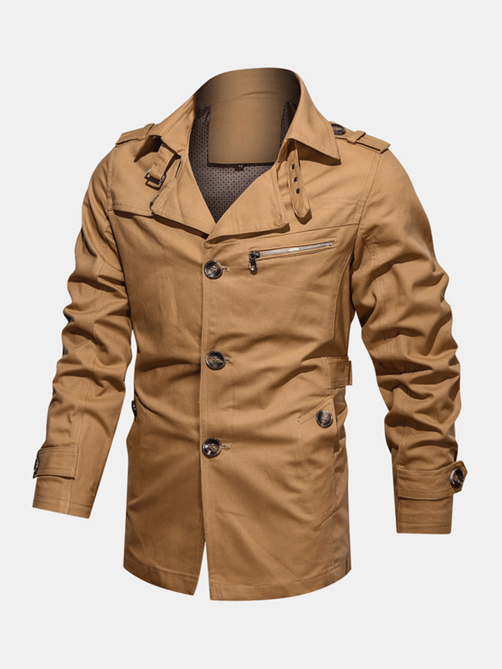 Mens 100% Cotton Solid Button Front Lapel Cargo Jacket with Pocket - MRSLM