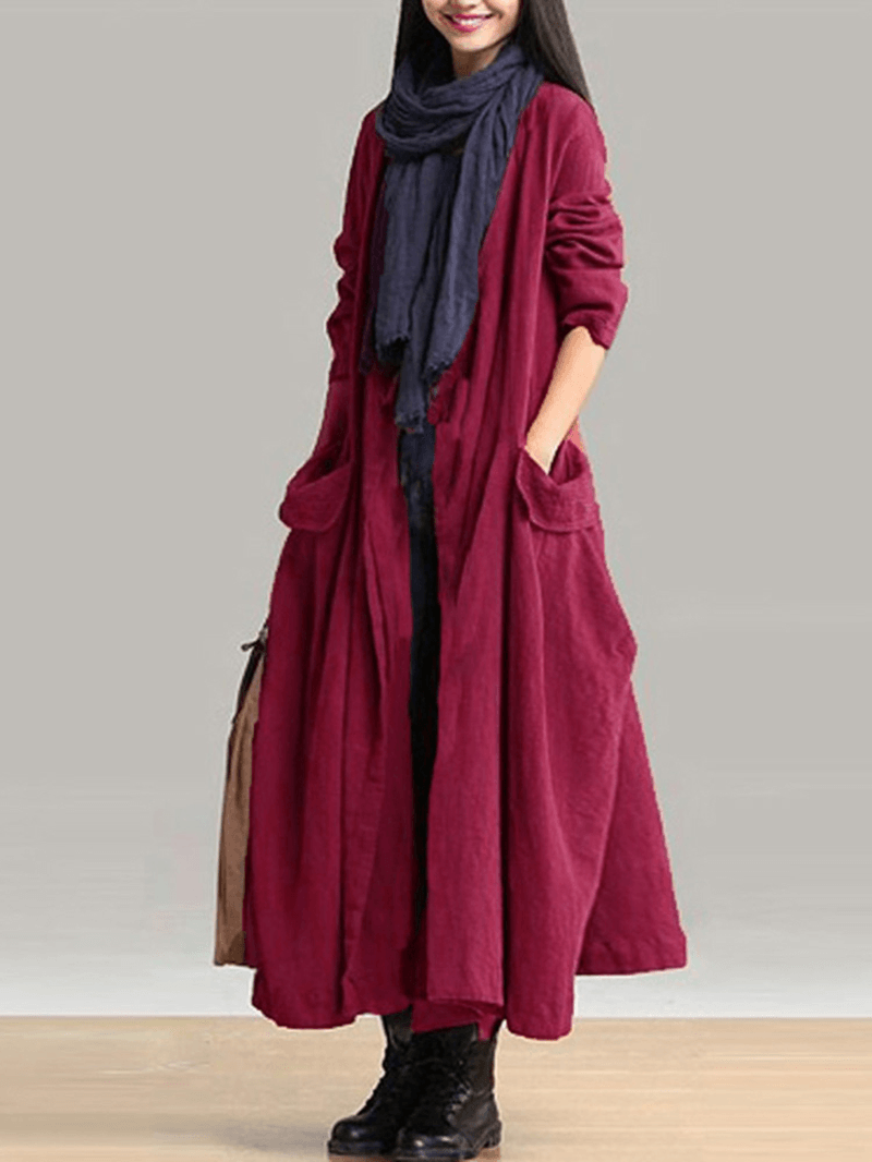 Casual Women Long Sleeve Solid Color Pockets Lace-Up Long Outerwear Coats - MRSLM