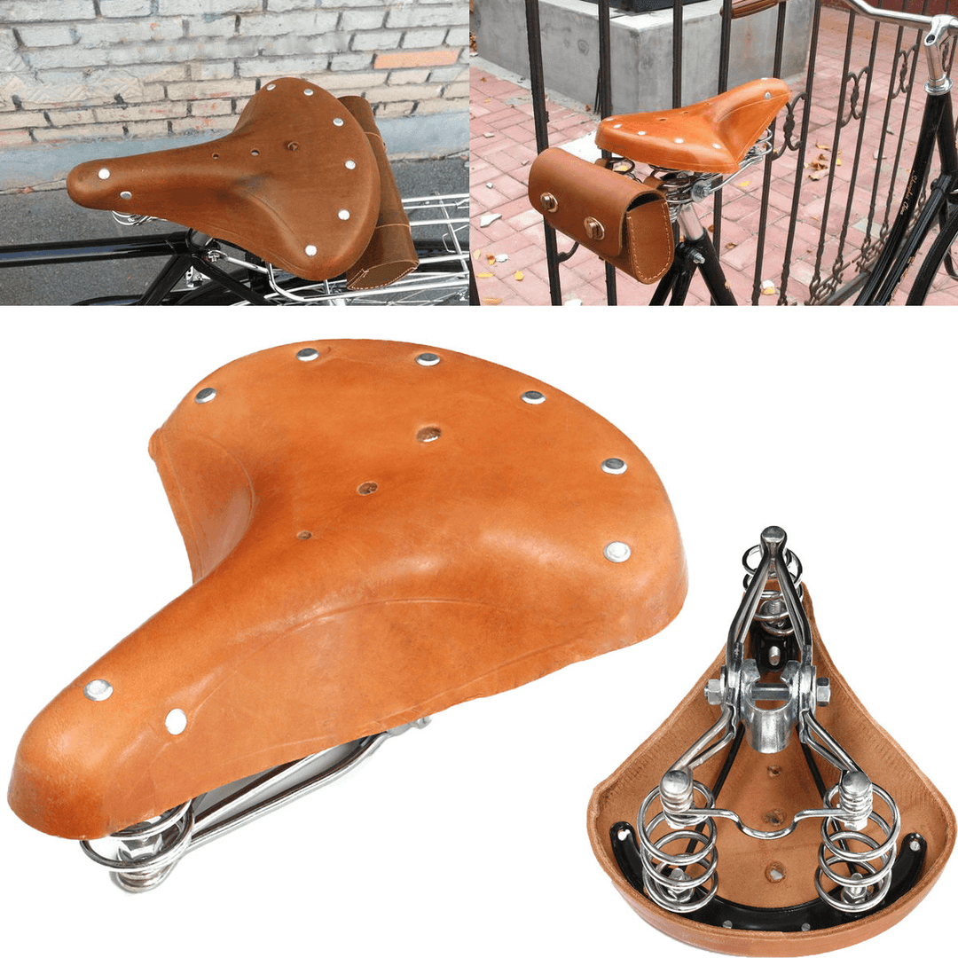 BIKIGHT Vintage Brown Bicycle Bike Cycling Saddle Seat Genuine Leather with Springs - MRSLM