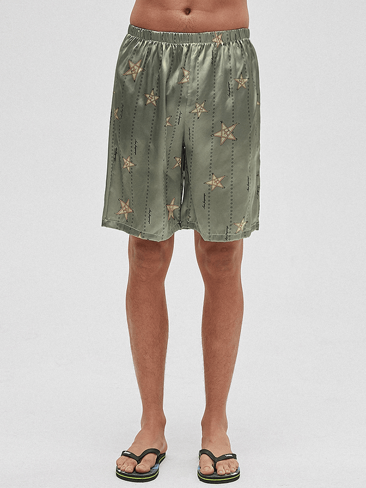 Men Funny Star Print Revere Collar Short Sleeve Home Silk Sleepwear Pajamas Set - MRSLM