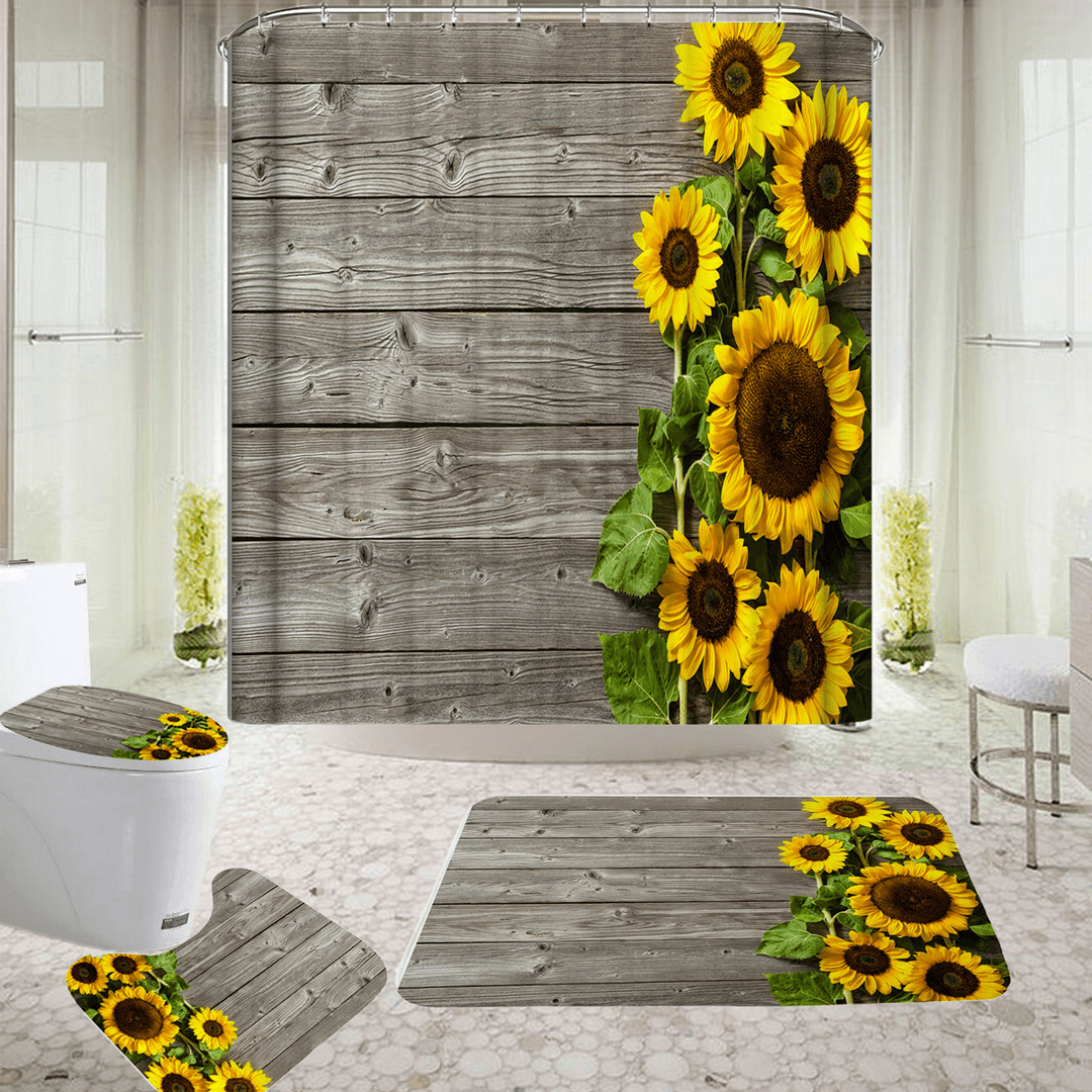 Sunflower Waterproof Bathroom Shower Curtain Non-Slip Anti-Rust Mat Set - MRSLM