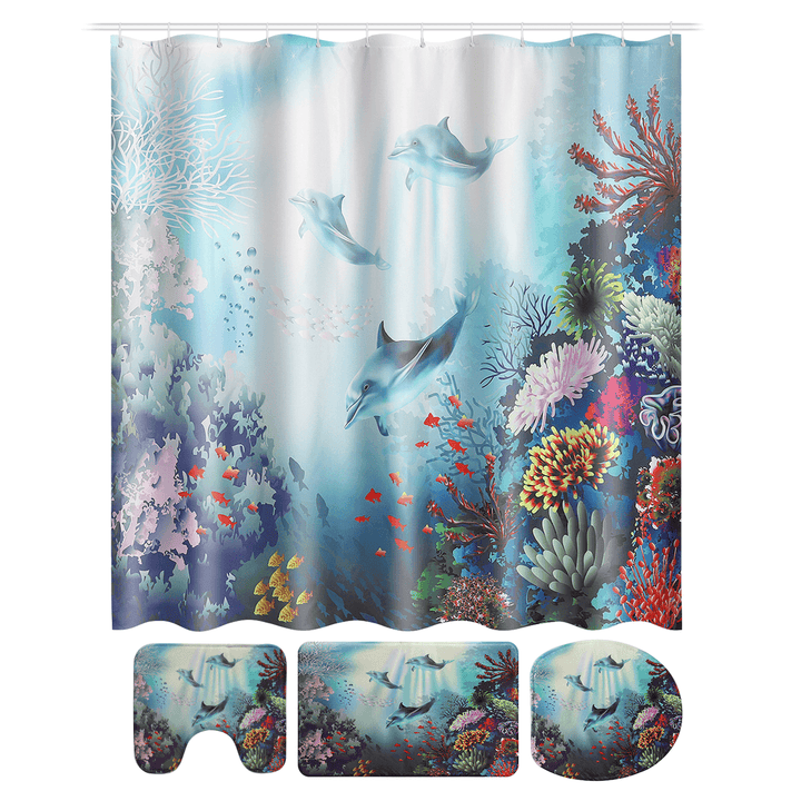 Printed Ocean World Whale Waterproof Bathroom Shower Curtain Toilet Mat Set - MRSLM