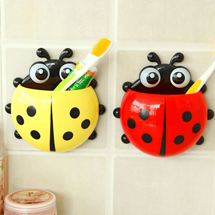 4 Color Toothbrush Cup Holder Storage Rack for Home Bathroom Organizer Ladybug Toothbrush Holder Strong Suction Cup Creative Cartoon PVC Wall Mount - MRSLM