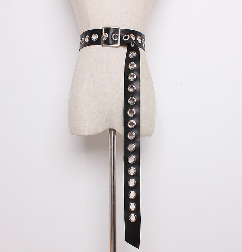 Versatile Ring Extra Long Belt Female Black Wide Metal Eyelet Female Belt Decorated Dress Trousers - MRSLM