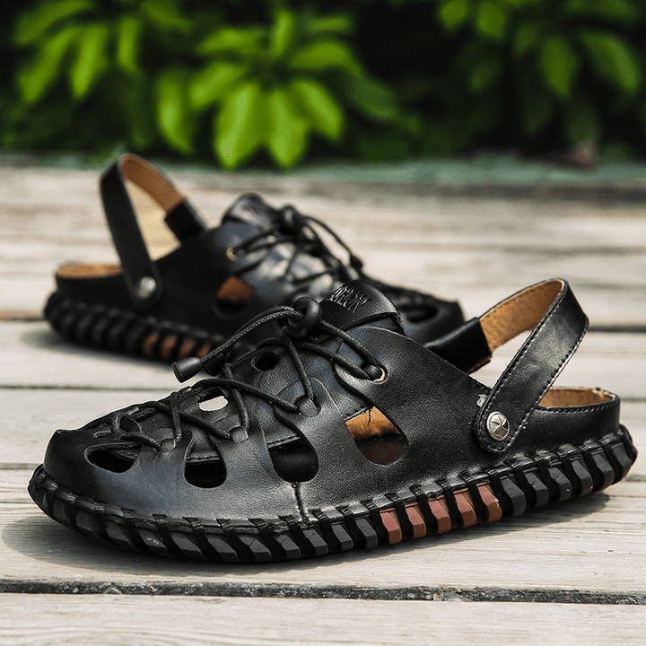 Men Cowhide Hollow Out Hand Stitching Soft Bottom Non Slip Comfy Outdoor Casual Sandals - MRSLM